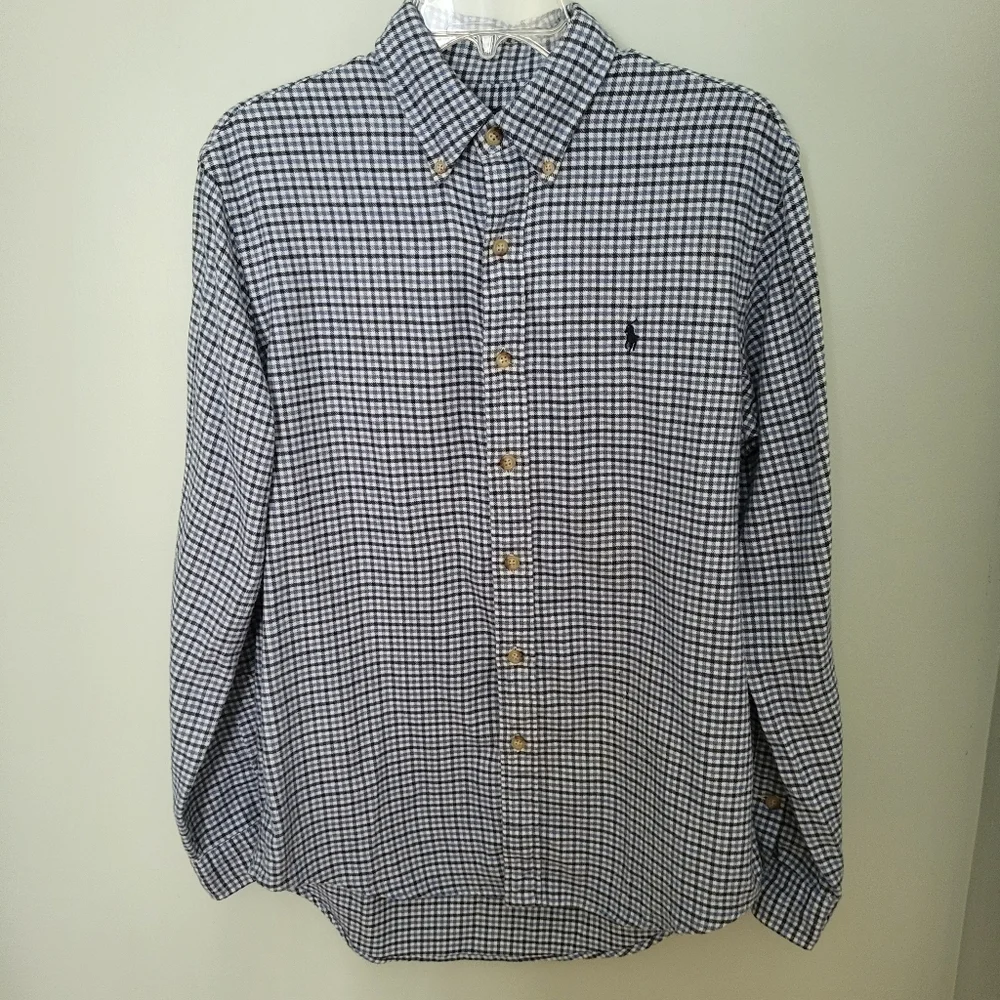 Polo Ralph Lauren Men Medium Flannel Blue Button Down Dress‎ Shirt Long Sleeve